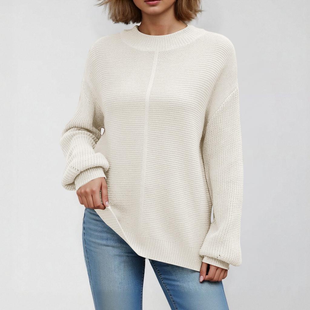 Women's Round Neck Long Sleeve Casual Loose Knit Solid Color Soft Pullover Sweater Top