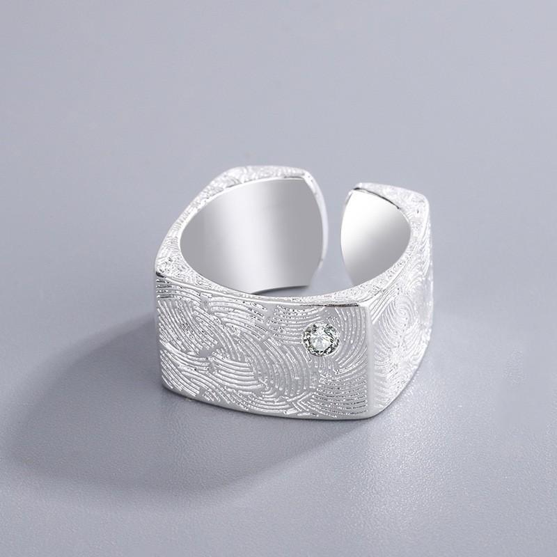 Adjustable Open Ring Men Women With Geometric Square Design Gold Plated Fingerprint Texture Finish Vintage Style Copper