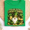 Feelin Extra Lucky Today, St Patricks Gnome Graphic, Lucky Coin Irish, Shamrock Gold Humor Tee, Festive Leprechaun Style, Green Holiday