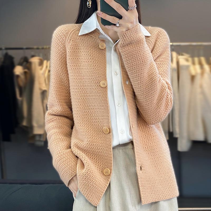 Women's Pure Wool Knit Cardigan Sweater: Loose, Round Neck, Hollow-Out Design