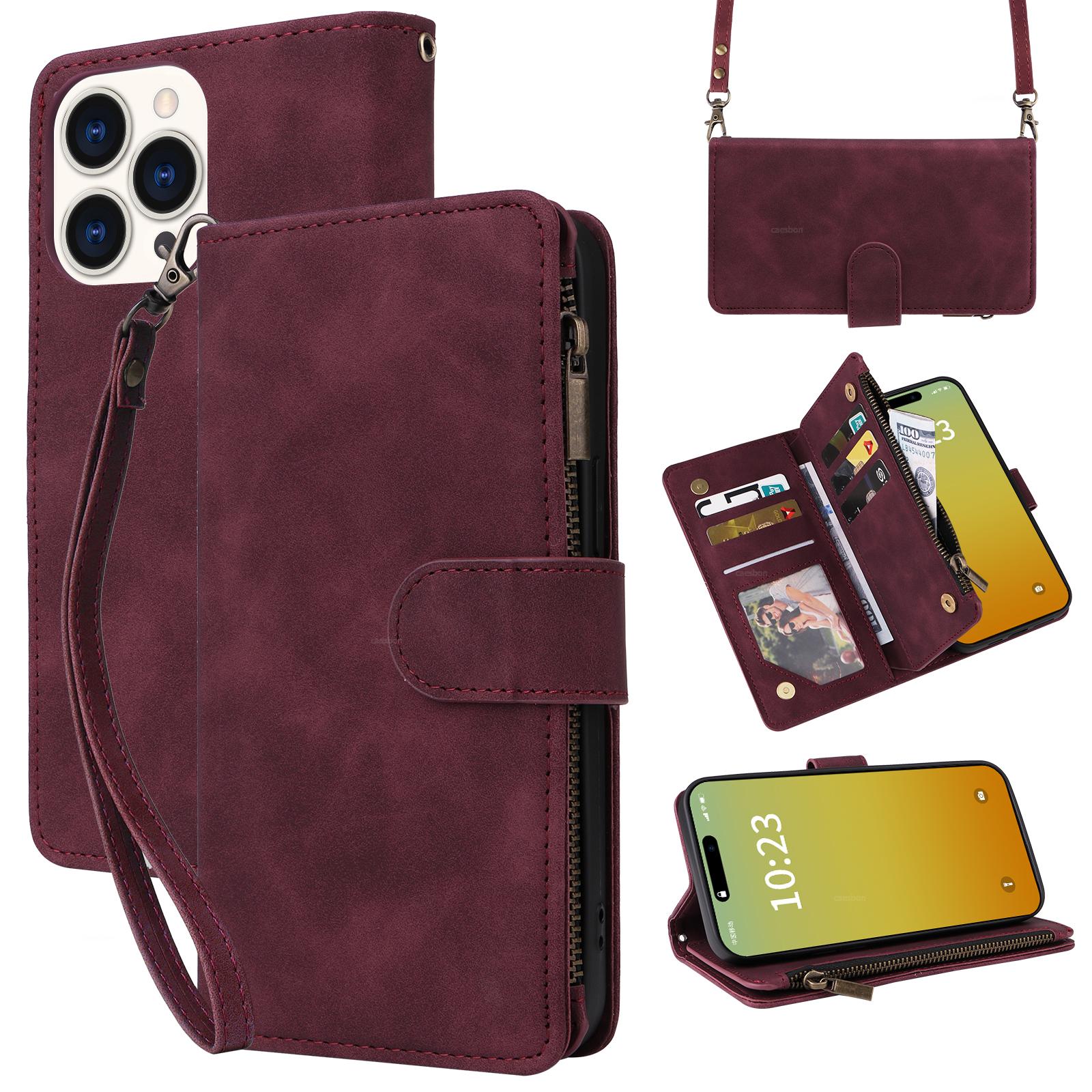 

For iPhone 15 Pro Max Case Zipper Multi-Pocket Wallet Leather Phone Cover with Shoulder and Wrist Straps C