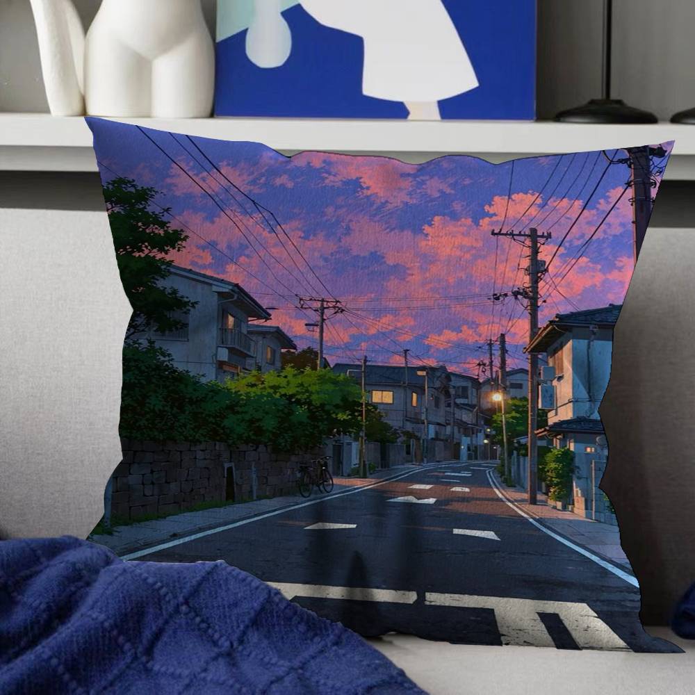 Manga Style Japanese Street Landscape Pillow Cushion Cover Pillowcase Living Room Sofa Home Decor Customized