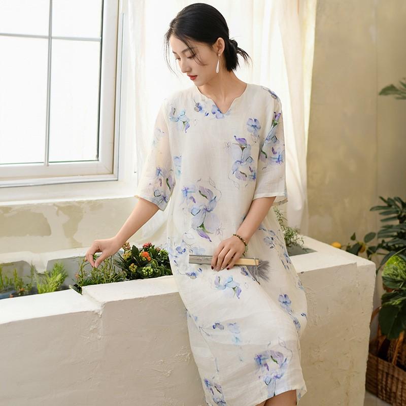 Johnature Women Vintage Print Floral Dresses V-Neck Half Sleeve Summer High Quality Women A-Line Dress