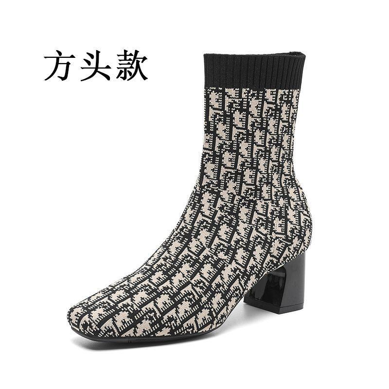 Skinny Boots Women's High-heeled Short Boots Knitted Autumn and Winter Single Boots Square Socks Boots Thick Heel Winter Elastic 2025 New
