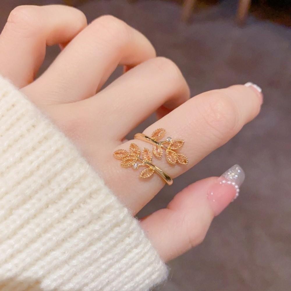 Adjustable Design Wheat Ear Leaf Rings Silver Color Leaves Ring Zircon Rings  Women's Jewelry
