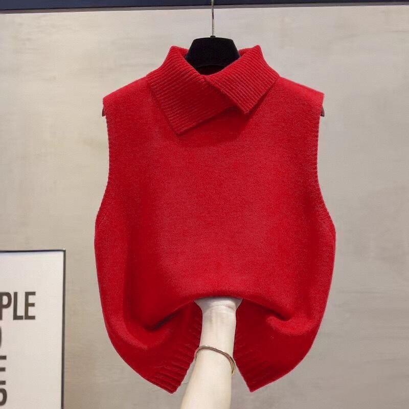 

Осень Зима Корейский Однотонный Лацкан Без рукавов Универсальный Повседневный Вязаный Жилет для Женщин one size красный