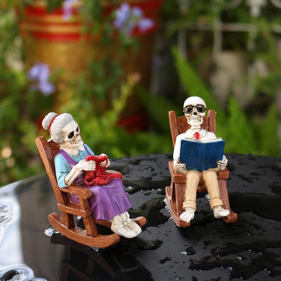 Yousheng 2 Pcs Halloween Rocking Chair Skeleton Elderly Statues Small Reading Knitting Skeleton Figurine Resin Craft for Courtyard Lawn Porch Decor