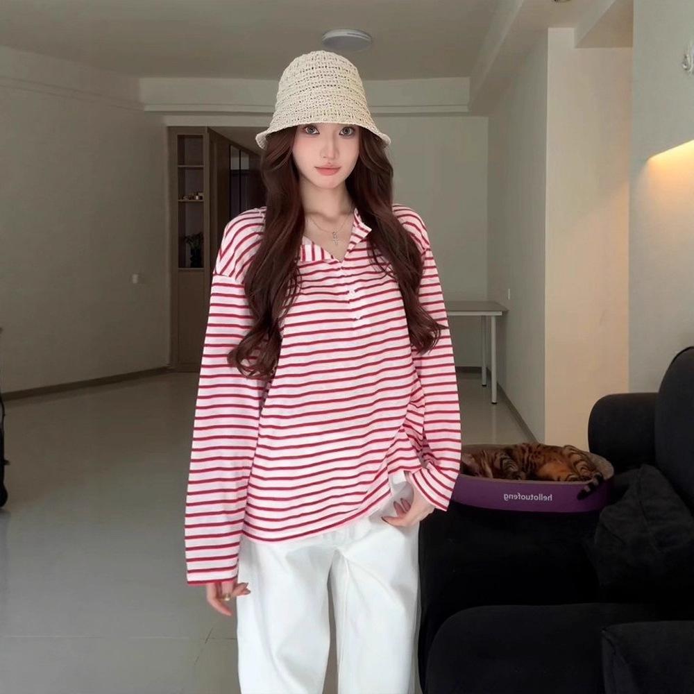 [Sunscreen fabric] Thin sunscreen blouse top women's early autumn new design stripes loose and thin T-shirt