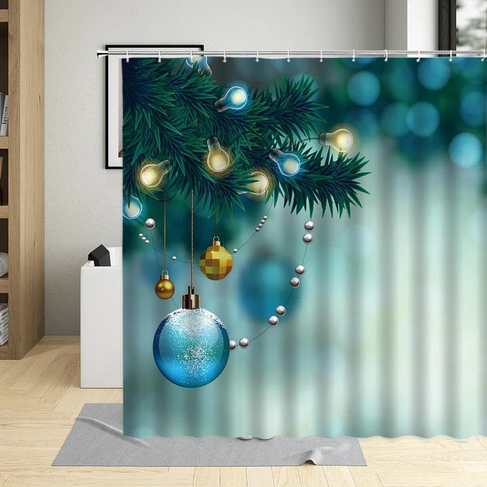 Christmas Shower Curtain Bathroom Decor White Blue Ball Snowflake New Year Wall Cloth Polyester Winter Holiday Curtains Hook Set
