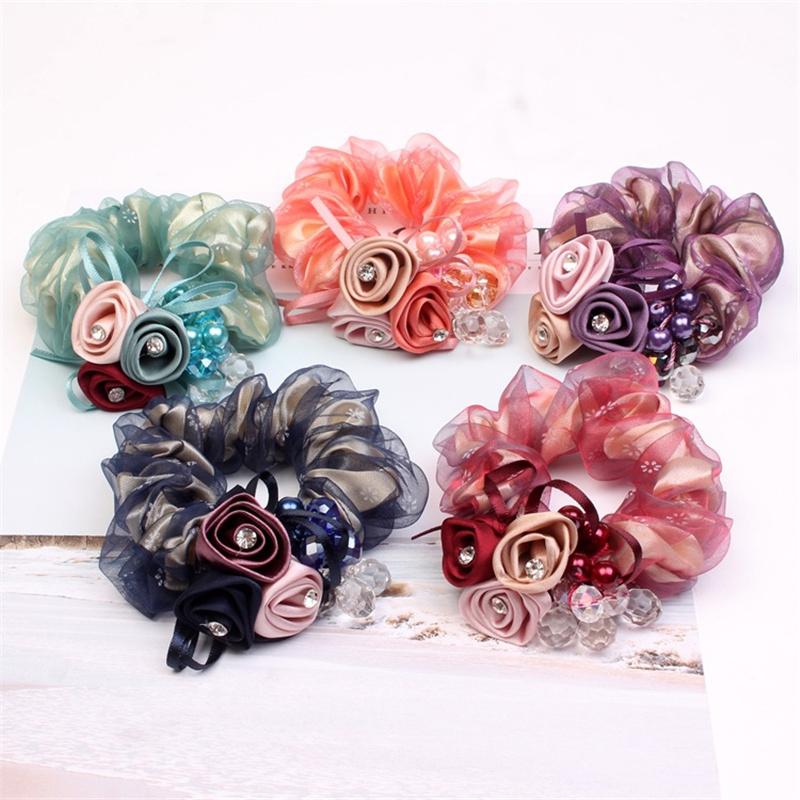 Korean Elegant Flower Scrunchies Women Girls Elastic Hair Rubber Bands Accessories Tie Hair Ring Rope Ponytail Holder Headdress
