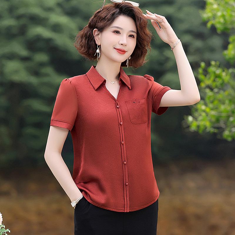 

Elegant 2026 Summer Embroidered Short-Sleeve Lapel Shirt for Middle-Aged and Elderly Mothers, Solid Color Age-Reducing Fashion. XL for 90-110 jin красный