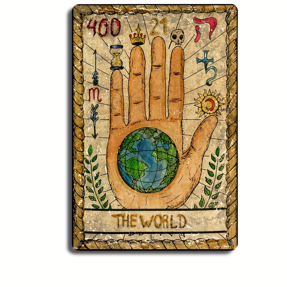 Vintage Tarot Card The World Metal Tin Sign    Retro Occult Wall Art Decor with Mystical Palmistry  Astrology Symbols  Ant 20x30cm