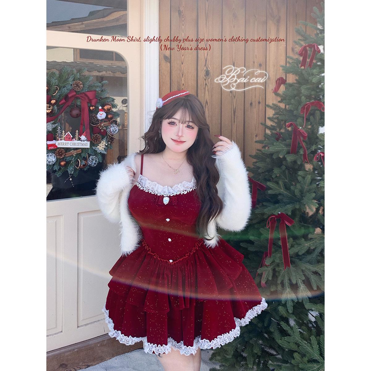 

Red Battle Robe Dress: Drunk Moon New Year Princess Skirt - Women s Autumn/Winter High-End Birthday Cake Outfit M