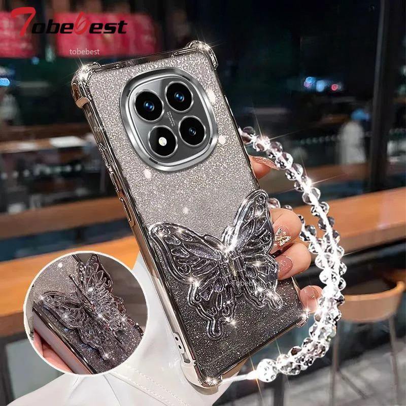 

Противоударный чехол с блестящим покрытием для Xiaomi Redmi Note 15 Pro Plus 5G, 3D держатель для телефона в виде бабочки, браслет из бусин, задняя крышка Redmi note 15 pro+ 5g серебряный