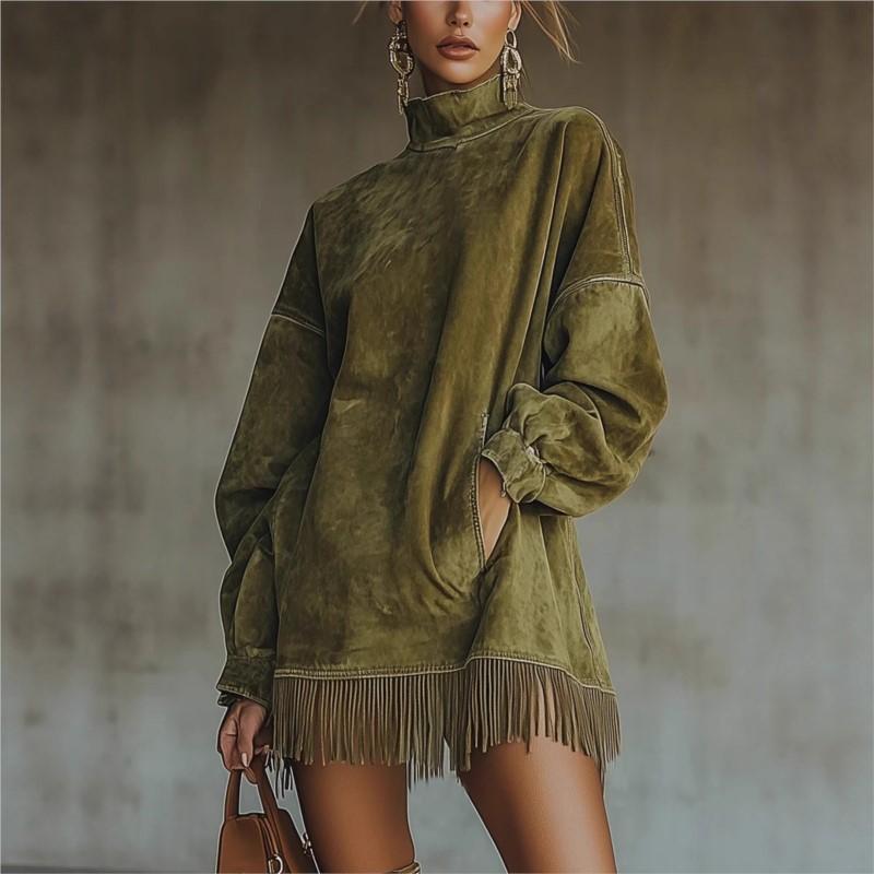 Retro Wildleder Mini-Kleid für Damen Langarm Hoher Kragen Taschen Fransen Saum Boho Kleid Herbst Elegant High Street Kleider