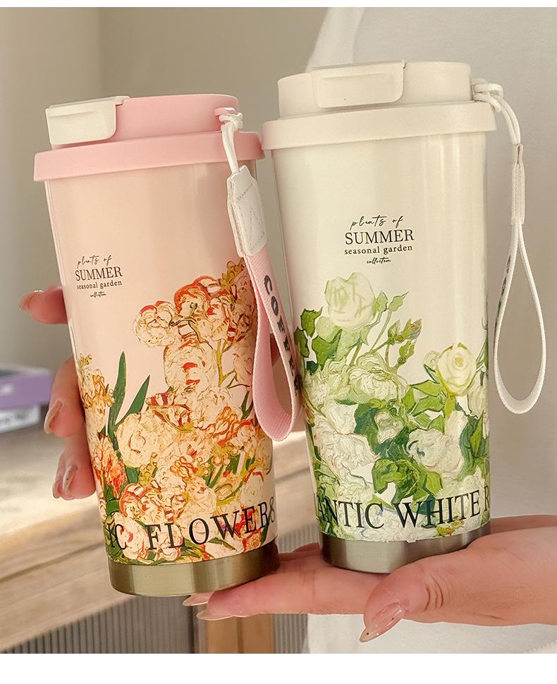 2025 316 Izolovaný hrnek na kávu pro ženy: Elegantní cestovní hrnek s dvojitou stěnou a designem konvalinek