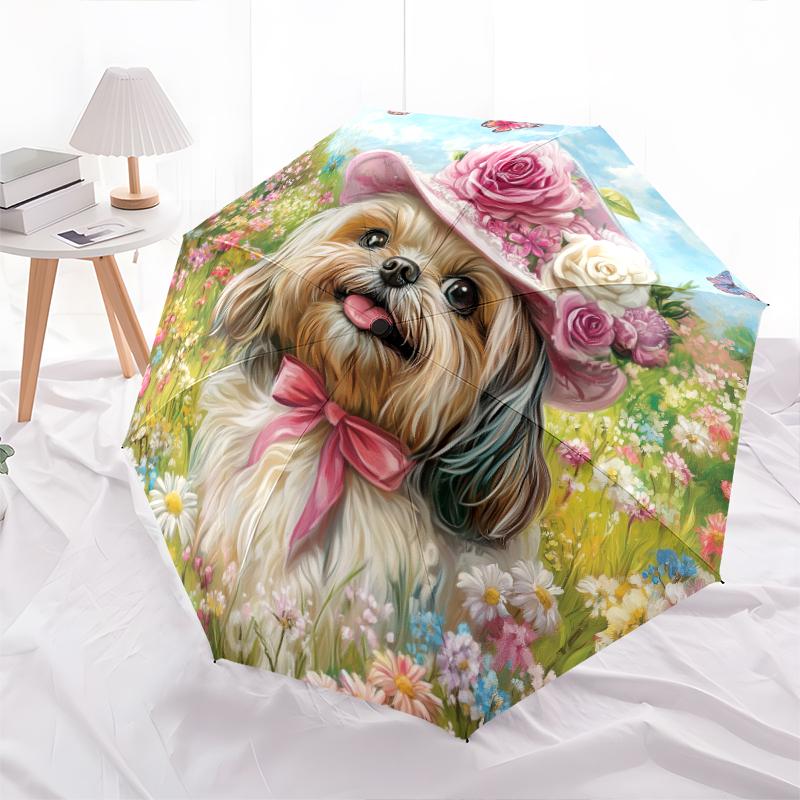 Muster mit Shih Tzu und Blumen, automatisch faltbarer Regenschirm, tragbares und faltbares Design, 8 Schirmstäbe, ein Weihnachts- oder Geburtstagsgeschenk.