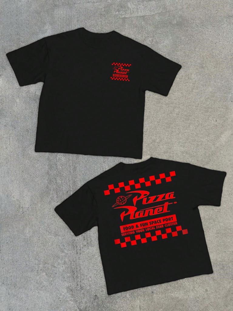 Men's Crew Neck Short Sleeve Casual T-Shirt 220gHeavy Double-Sided Digital Print Pizza Planet Checkered Logo 100% CottonT-Shirt