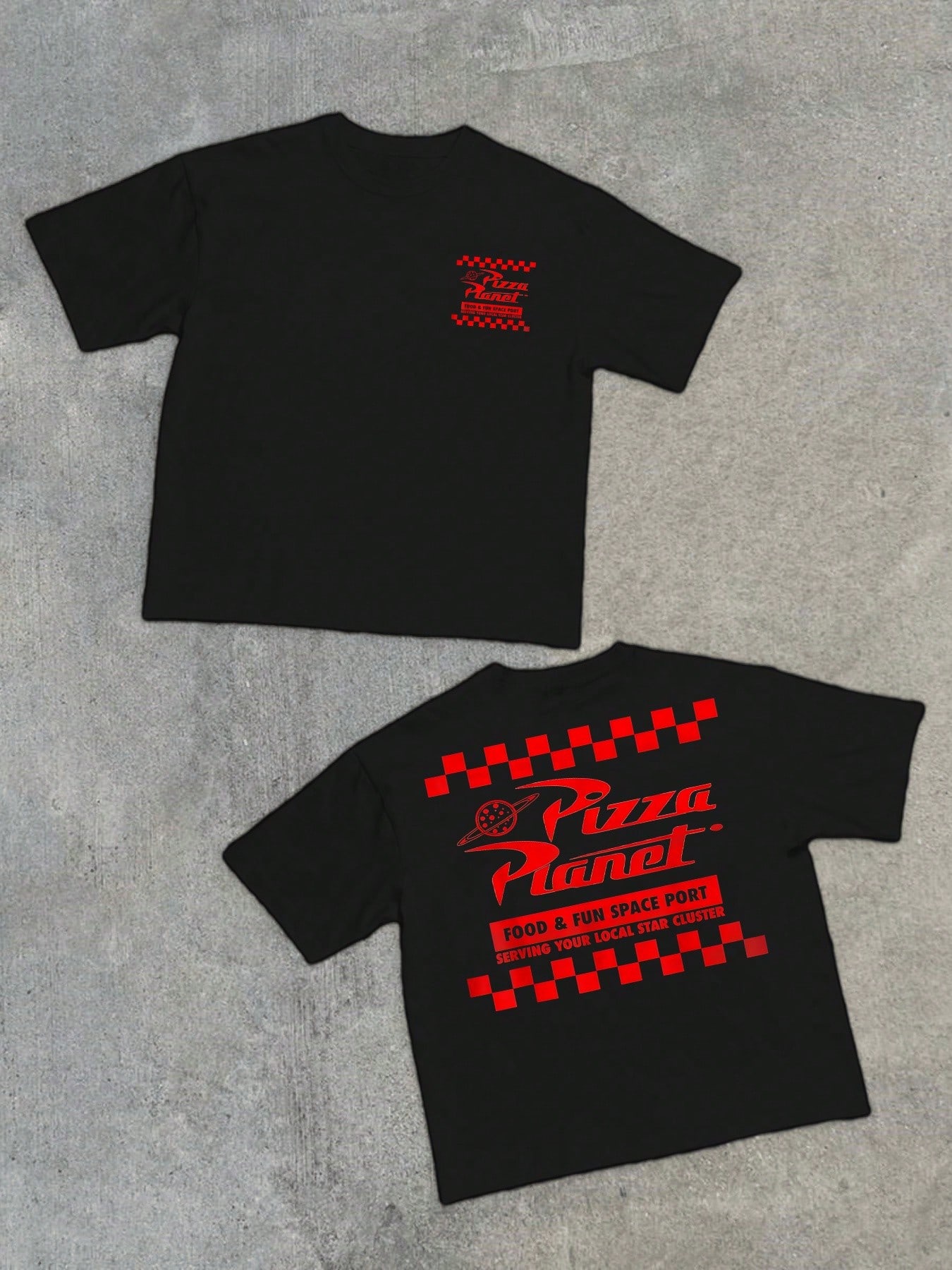 

Мужская футболка с коротким рукавом и круглым вырезом, повседневная, 220 г, тяжелая, двусторонняя цифровая печать, логотип Pizza Planet в клетку, 100% хлопковая футболка 4XL