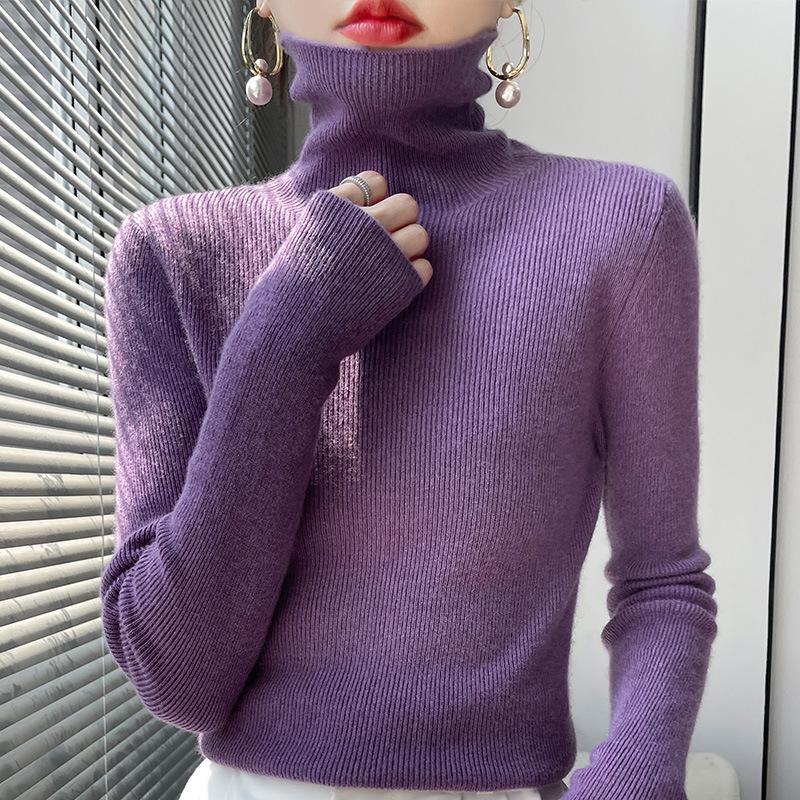 Autumn Winter Wool Sweater Women Turtleneck Solid Elastic Slim Knitted Pullover Fashion All-match Elegant Comfort Casual Tops