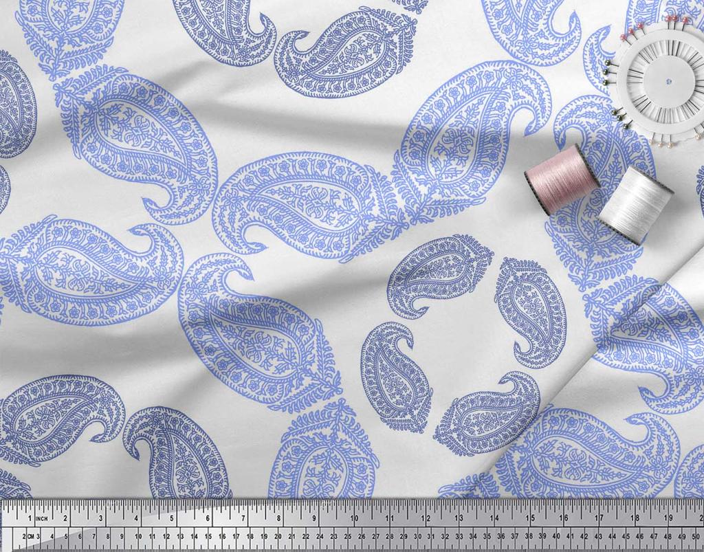 Soimoi Blue Japan Crepe Satin Fabric Floral & Block Print Fabric by the metre 42 Inch