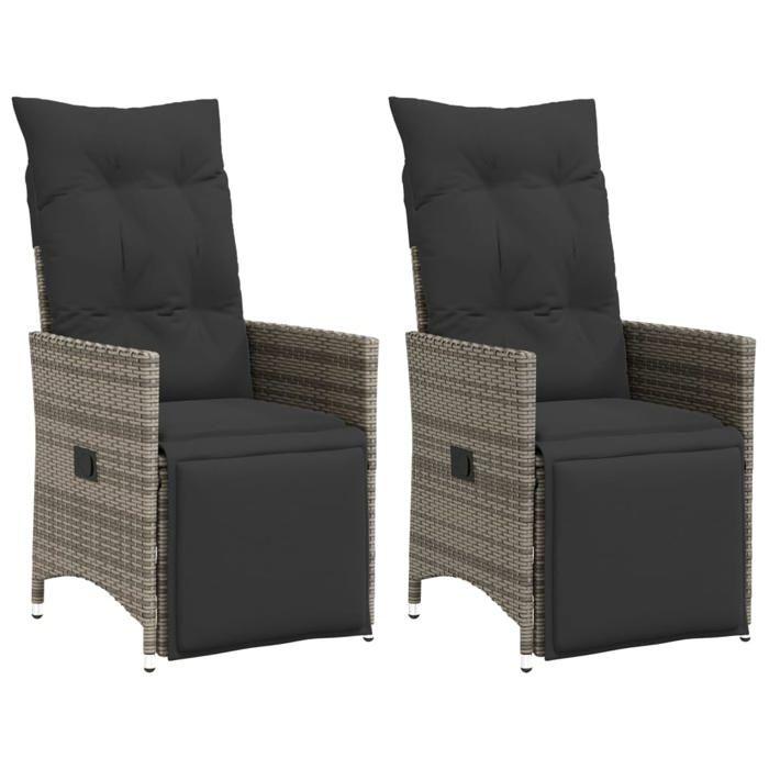 VidaXL Chaises inclinables de jardin lot de 2 et coussins gris rotin, fauteuil de jardin inclinable, fauteuil inclinable de 365668