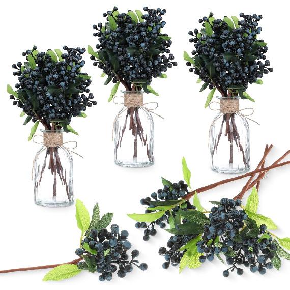 Yunsailing 30 Pcs Artificial Blue Berry Stems Bulk, 9.8 Inch Faux Berry Picks with Green Leaves, Fake Short Branch Fruit Flower for Christmas Tree