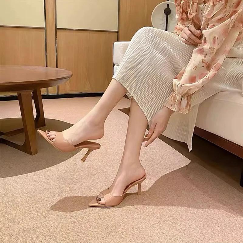 Pointed Open Toe High Heels Slippers Women Outdoor Slides Ladies Party Shoes Japanned Leather Sandalias Mujer Sexy Flip Flops