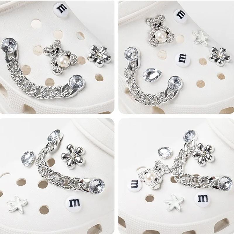14PCS Fashion Shoe Charms Set Accessories Hole Shoe Buckle Cute Bear Rhinestone Chain DIY 3D Shoes Decorations