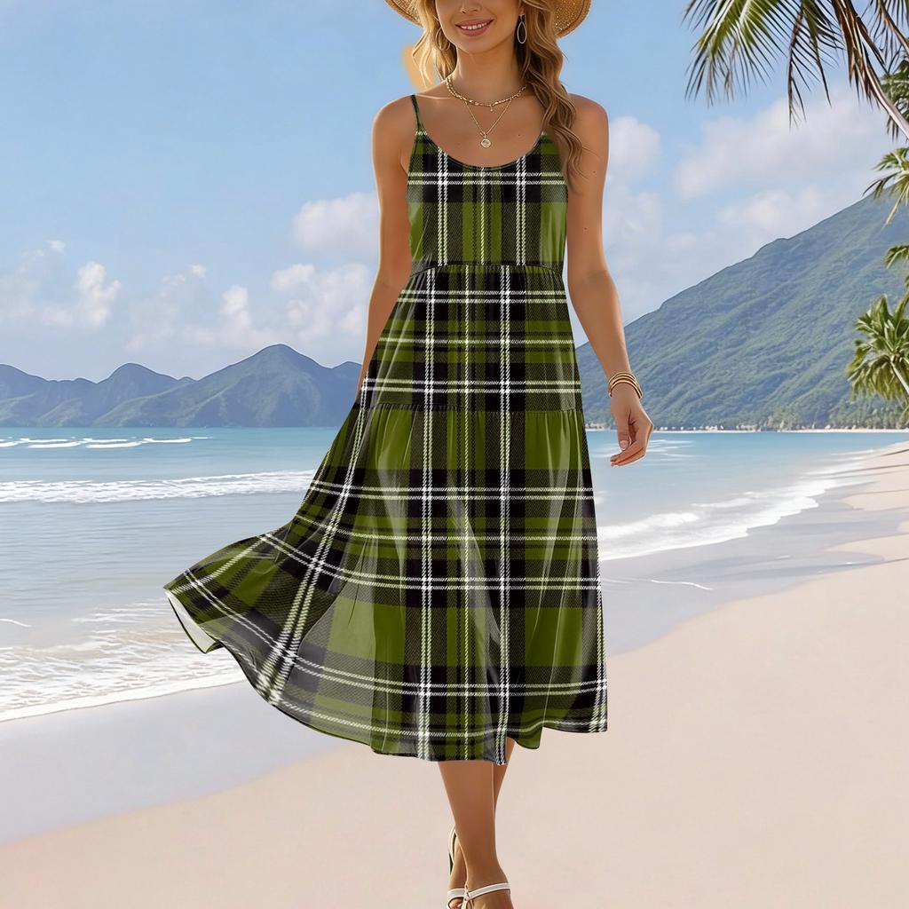 Damen Sommer Karo-Print Verstellbarer Träger Ärmellos Bohemian Lässig Strand Urlaubs Midi-Kleid mit Taschen