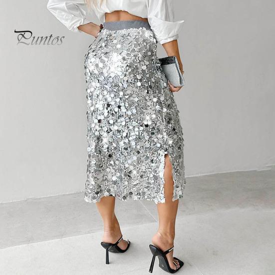 High-waisted Skirt Women High Waist Sexy Hip-Hugging Sequin Glitter Solid Midi Color Mid-calf Length Hip Wrapped Slimming Design Wedding Clubwear