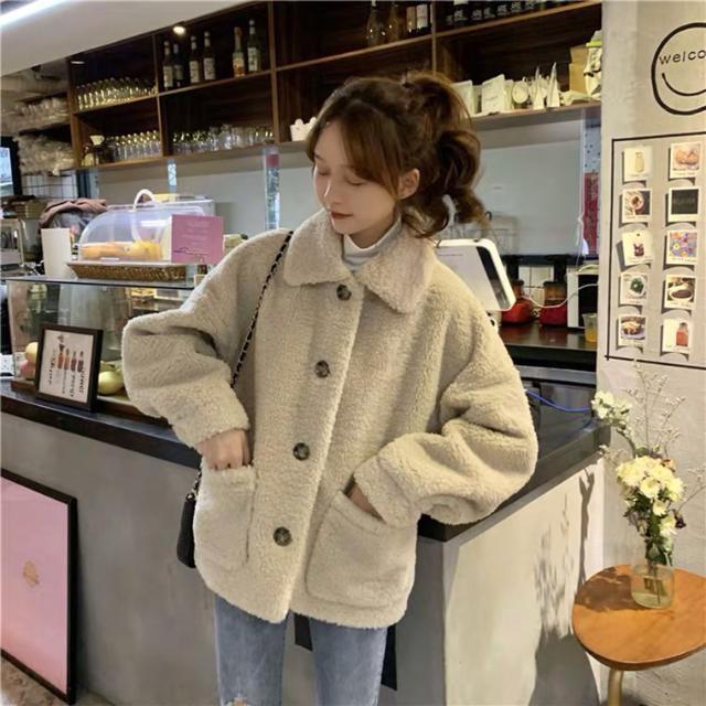 Lambswool Winter Korean-Style Loose Student Warm Plush Coat (300g)