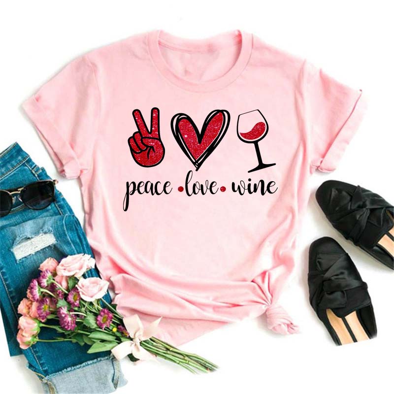 New Women T-Shirt Casual Short Sleeve T Shirt Women's Fashion Rose Red Wine Glass Printed Black T-Shirt Female Tops Tees
