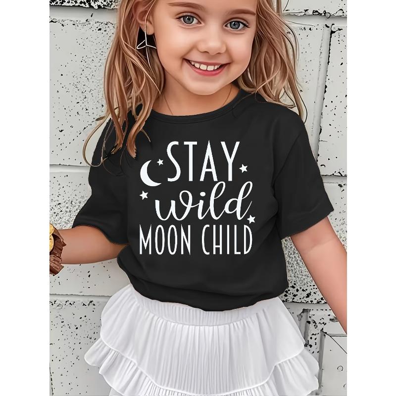 European size Girls round-neck short-sleeved T-shirt with unique English patternsWSL Girl STAY Wild MOON CHILD 98cm чёрный