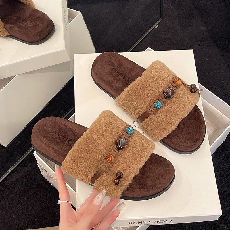 Retro versatile open-toed lamb wool slippers for women's outerwear 2025 autumn and winter new flat-bottomed casual one-word cotton mop