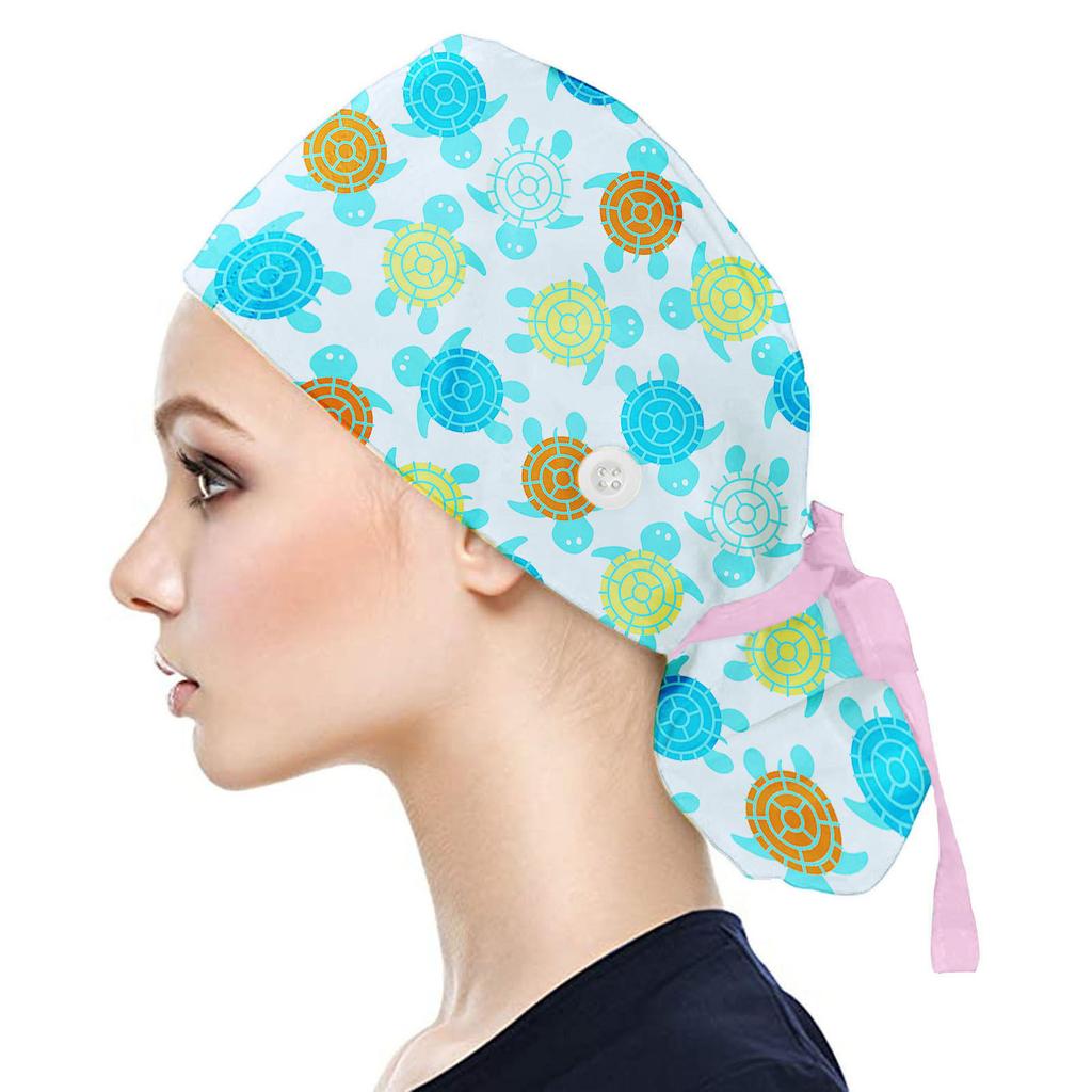 Scrub Cap With Buttons Print Bouffant Hat For Womens and Mens