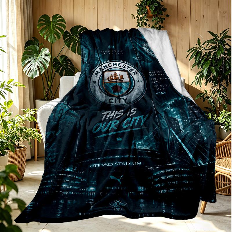 Manchester City FC Pattern Blanket for Home Decoration, Bed, Sofa, Car Travel, Camping, Suitable for All Seasons, Birthday Christmas Gift