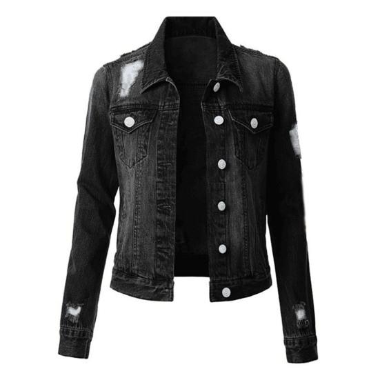 Giacca da donna Colletto rovesciato Manica lunga Monopetto Bottoni tinta unita Cappotto da donna in denim sciolto strappato Hip Hop Streetwear