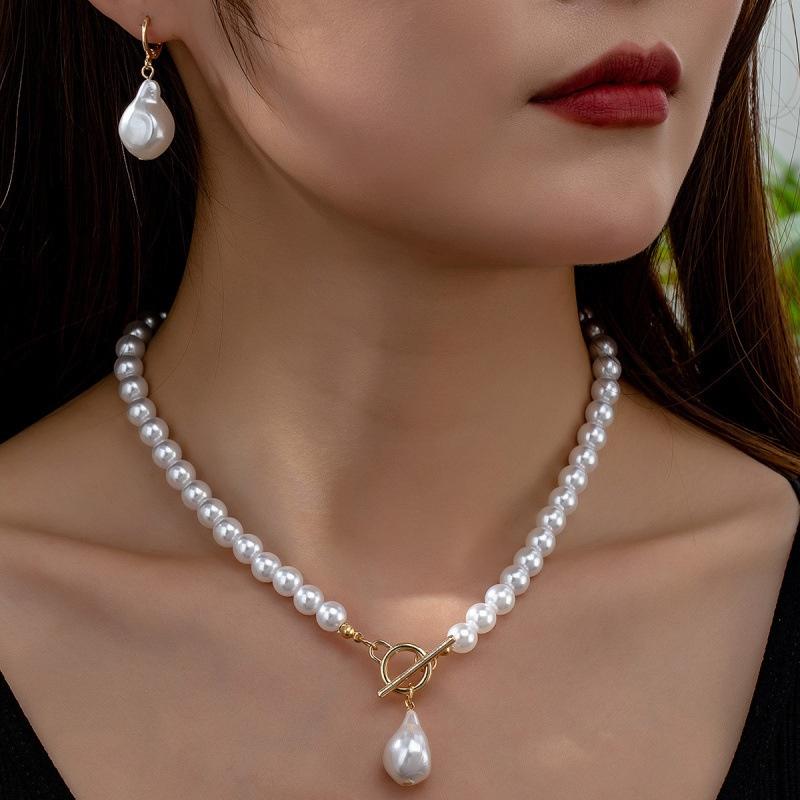 Women Bridal Jewelry Necklace Set 1Set Beaded Faux Pearls with Stud Earrings