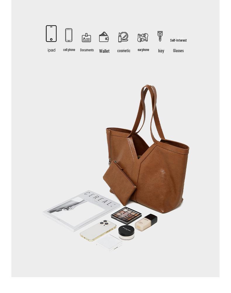 Sac fourre-tout et sac à bandoulière en cuir véritable pour femme de style coréen d'automne 2024, sac à main en cuir de vache de grande capacité.