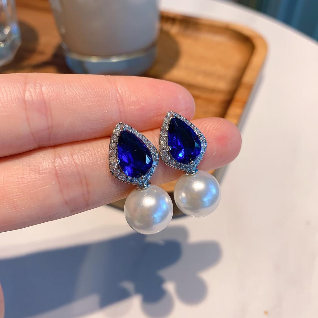 New S925 Silver Needle Jewelry Blue Treasure Pear Shaped Necklace Earrings Two Piece Set Internet Celebrity Instagram Fashion