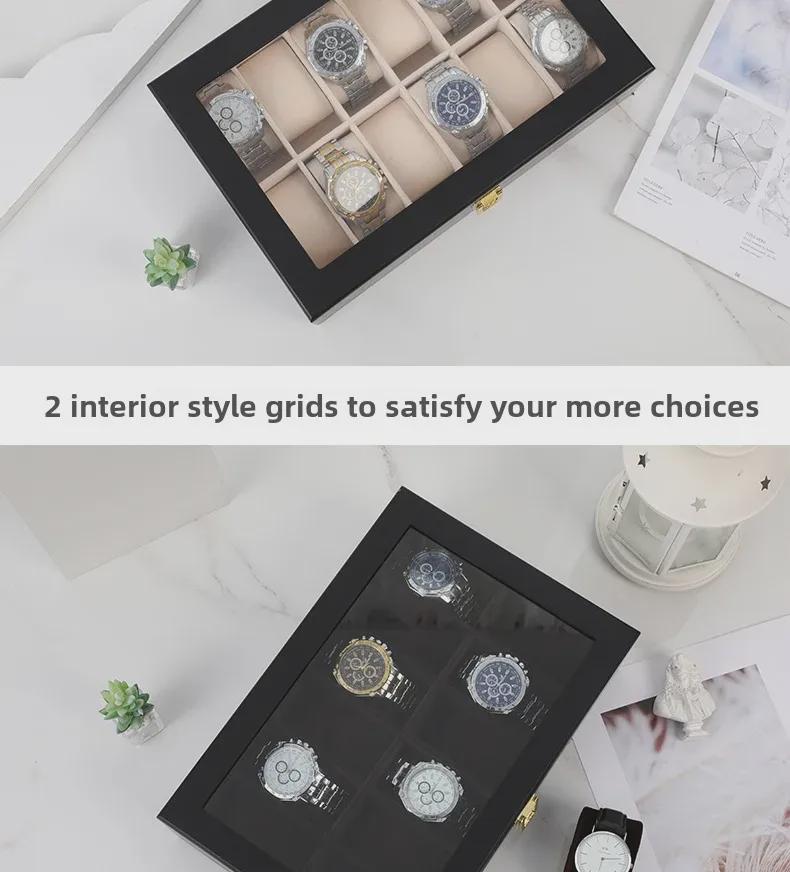 Luxusní dřevěná krabička na hodinky v evropském stylu s průhledným odklápěcím víkem a přezkou, červený 12místný displej