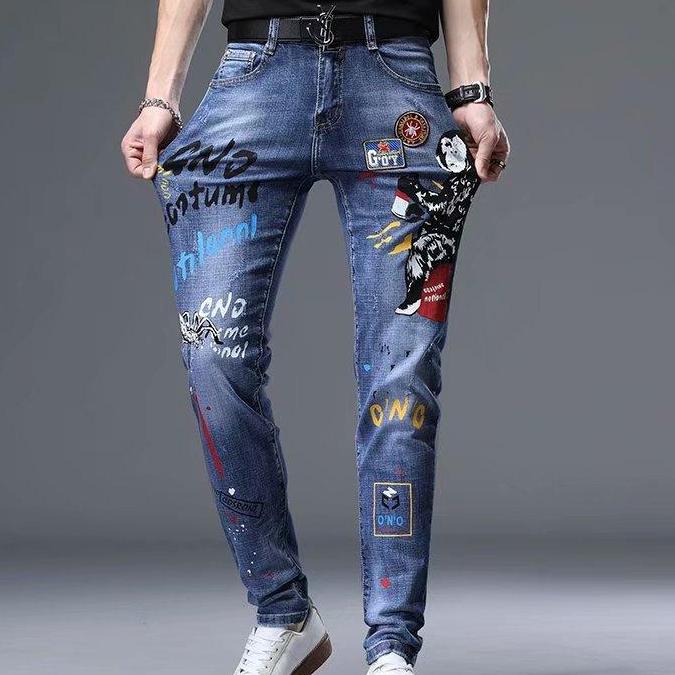 Men's Fashion Funny Embroidery Printed Jeans Slim Fit Stretch Sports Pants