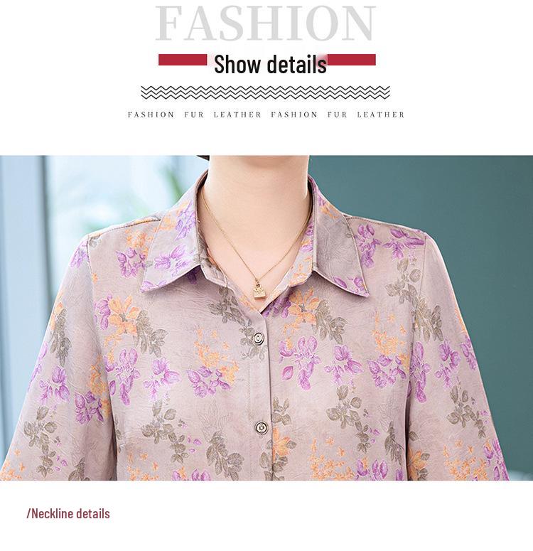 Mom's Elegant Seven-Sleeve Silk Floral Shirt for Women - Middle-Aged & Elderly