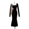 European & American Square Neck Long Sleeve Black Dress for Spring/Summer
