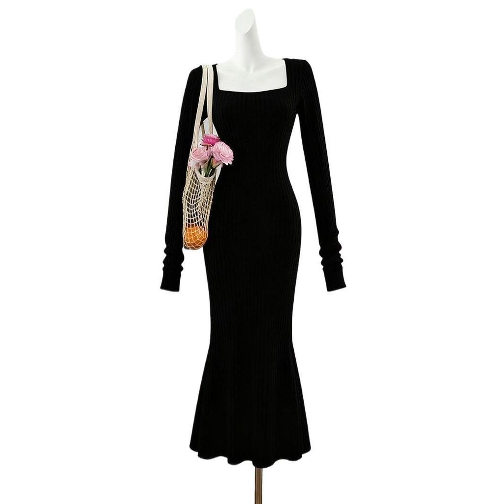 European & American Square Neck Long Sleeve Black Dress for Spring/Summer