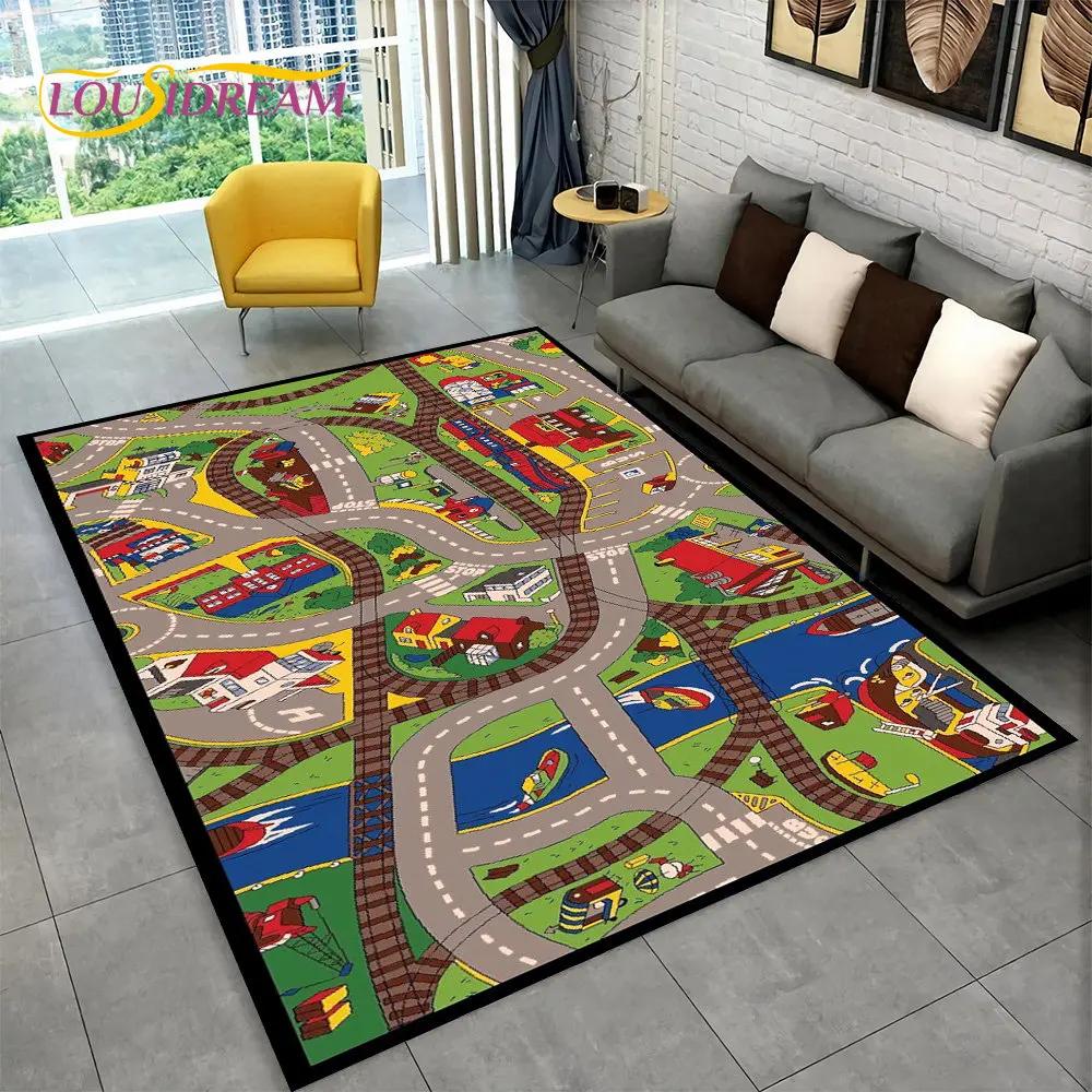 Highway City Traffic Cartoon Area Rug,Carpet Rug for Living Room Playroom Children's Bedroom Decor,Kid Game Non-slip Floor Mat