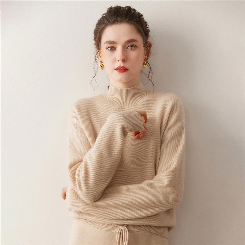 Women's Cashmere Half-High Neck Knit Sweater - Versatile, Loose-Fit, Slimming, Warm Base Layer