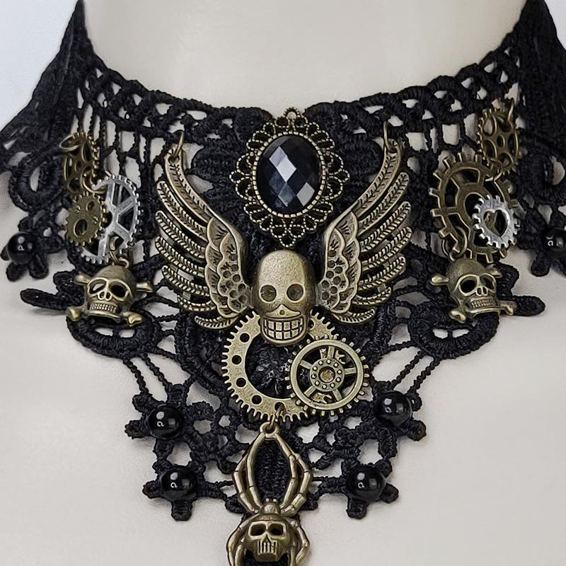 Dark Gothic Punk Skull Lace Necklace