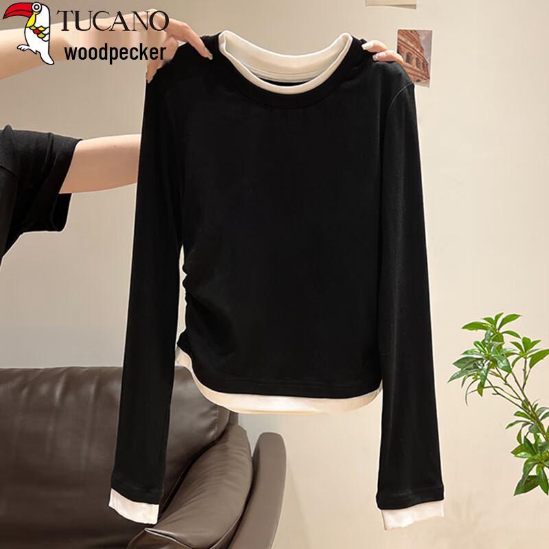 Woodpecker Women s Faux Two-Piece Pleated Slim-Fit Long Sleeve T-Shirt 2XL